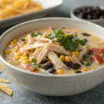 creamy chicken tortilla soup with tortilla strips and cilantro garnish