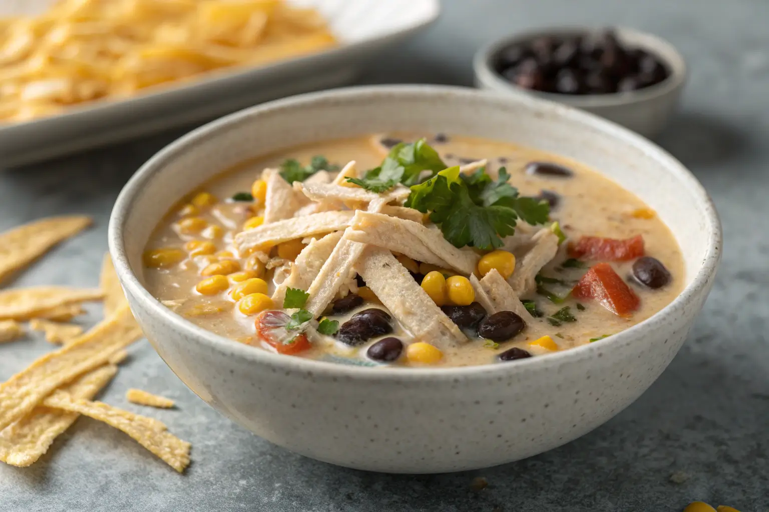 creamy chicken tortilla soup with tortilla strips and cilantro garnish