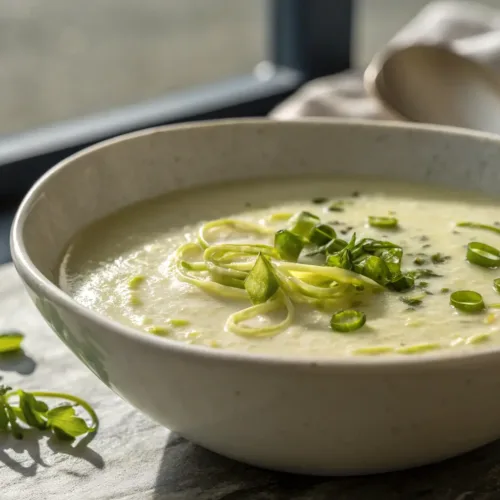 creamy French leek soup in bowl with smooth texture