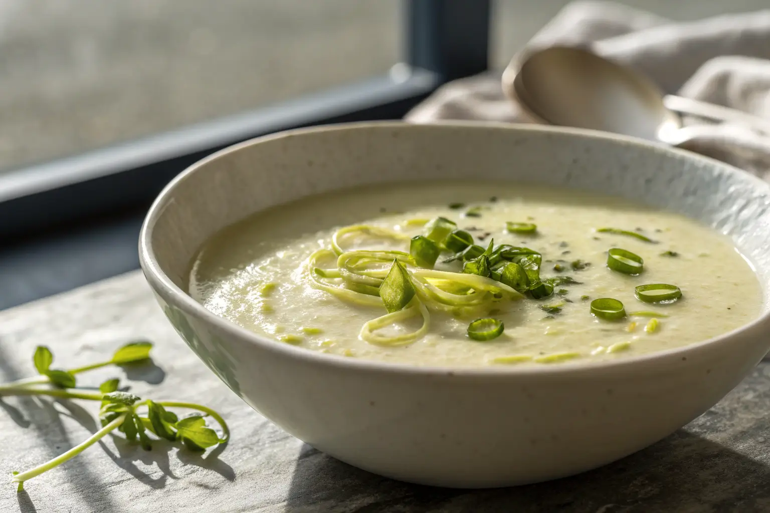 creamy French leek soup in bowl with smooth texture