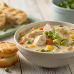 Creamy Instant Pot chicken pot pie soup with vegetables in bowl