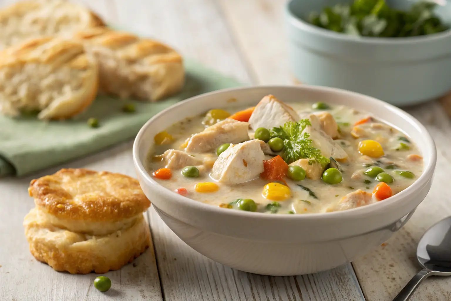 Creamy Instant Pot chicken pot pie soup with vegetables in bowl
