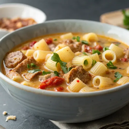 creamy Italian sausage ditalini soup in bowl close-up