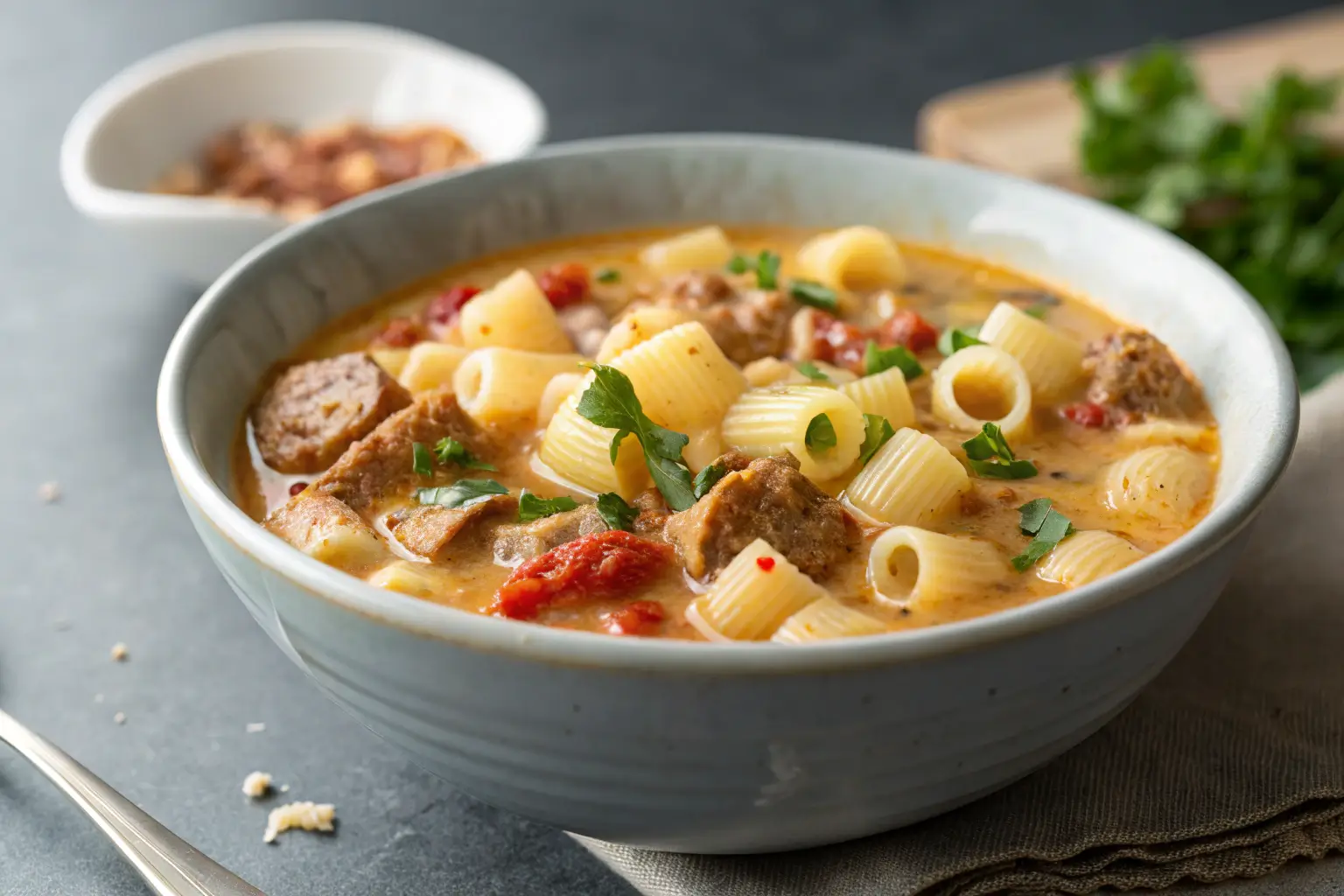 creamy Italian sausage ditalini soup in bowl close-up