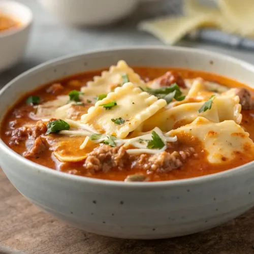 Creamy lasagna soup with noodles, cheese, and tomato broth in bowl