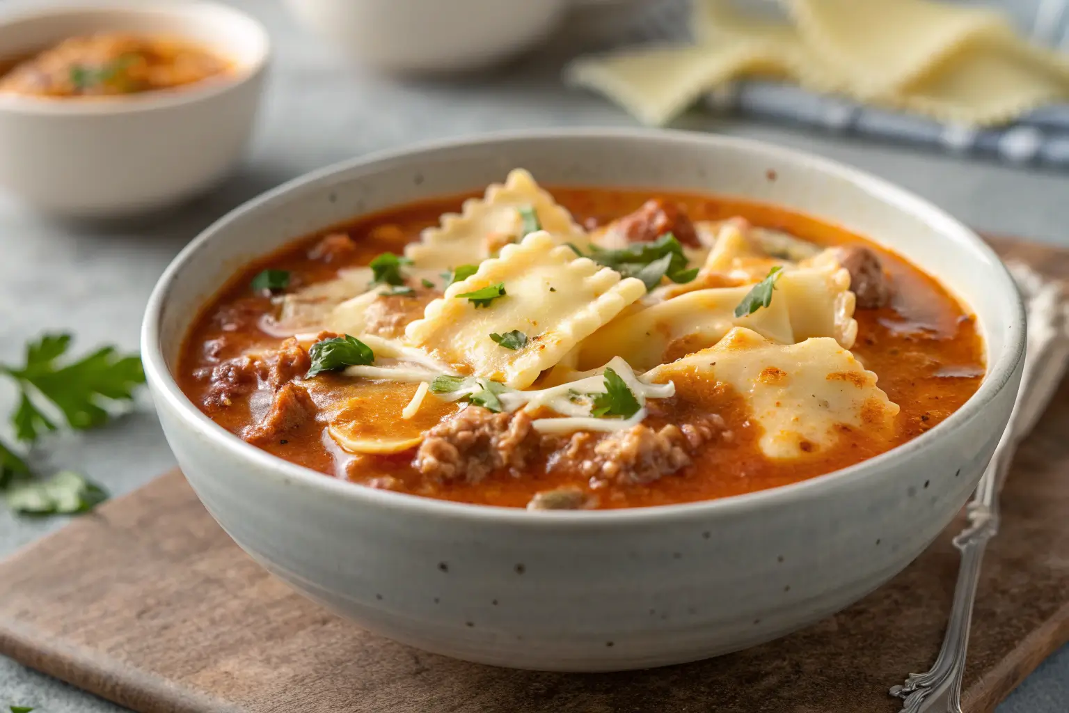 Creamy lasagna soup with noodles, cheese, and tomato broth in bowl