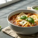 Creamy lasagna soup with melted cheese and fresh basil in bowl