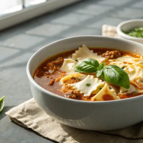 Creamy lasagna soup with melted cheese and fresh basil in bowl
