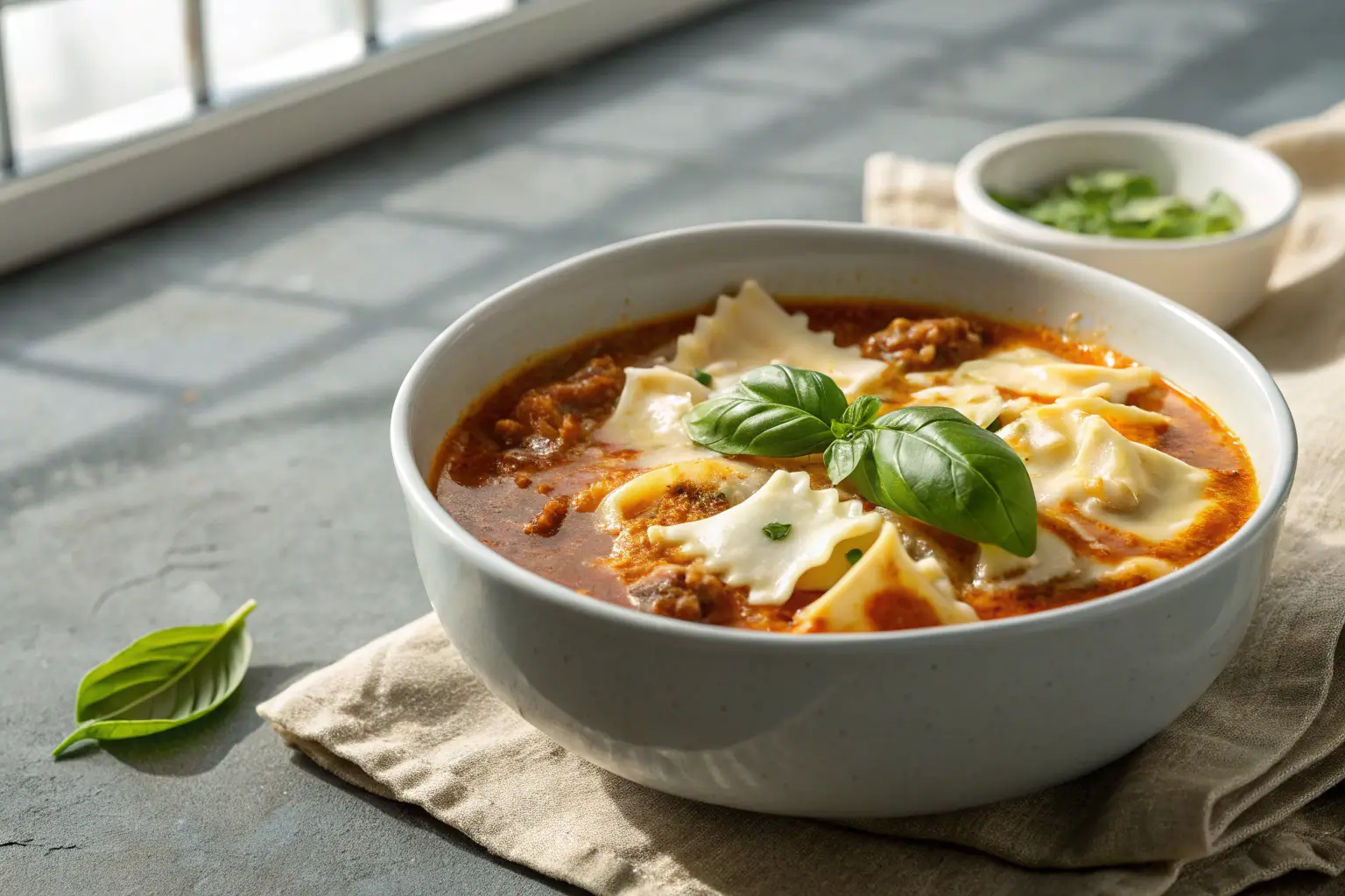 Creamy lasagna soup with melted cheese and fresh basil in bowl