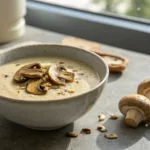 creamy mushroom soup in bowl with mushrooms and cream