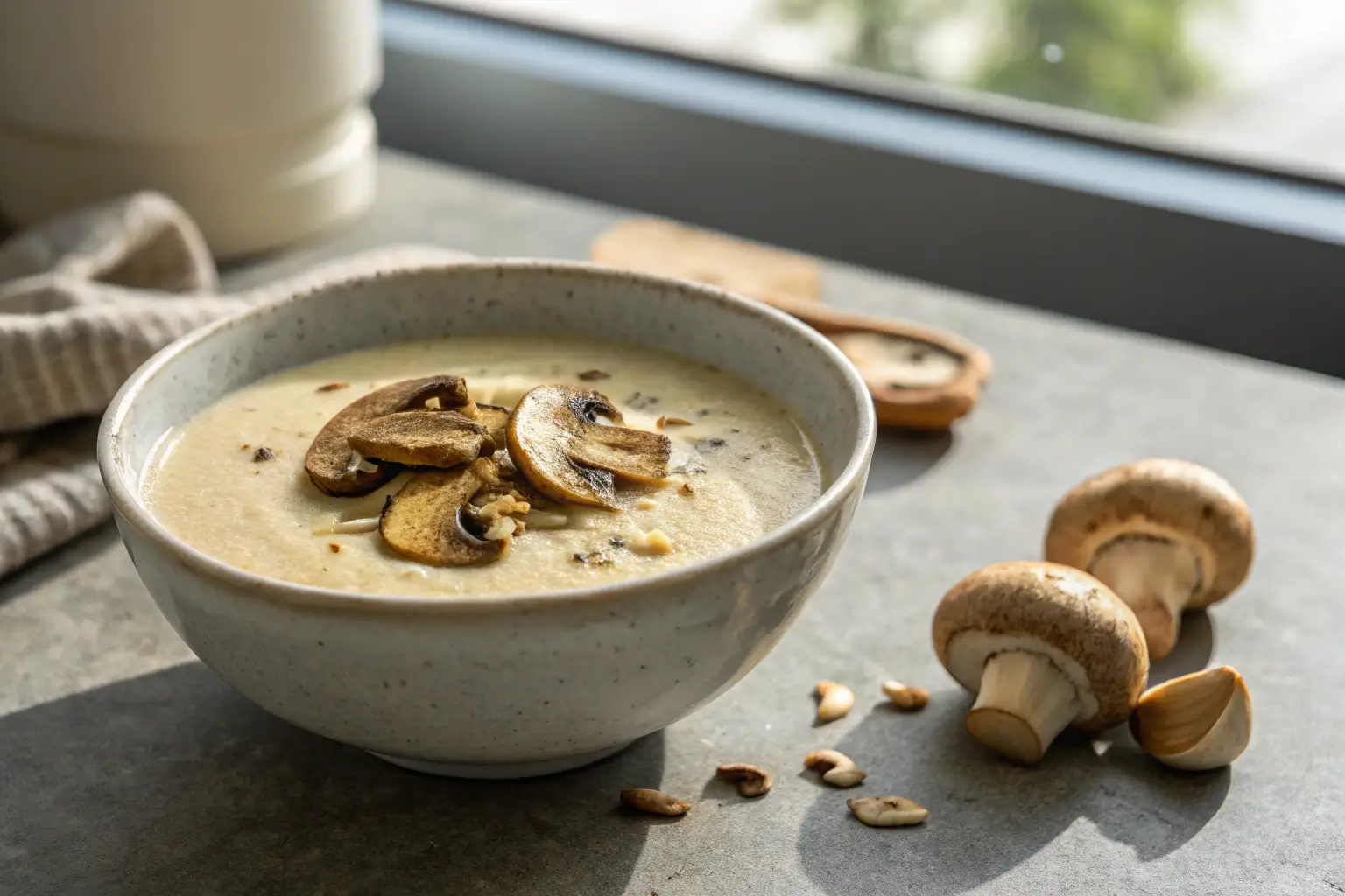creamy mushroom soup in bowl with mushrooms and cream