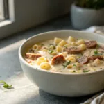 creamy sausage and ditalini pasta soup in bowl