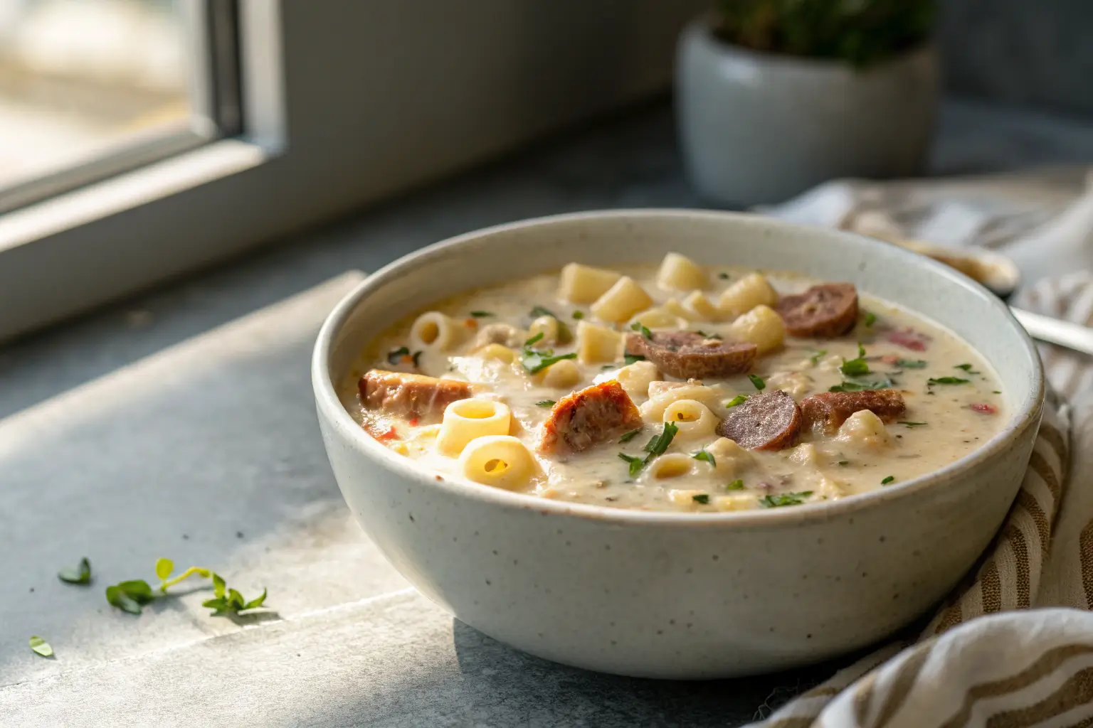 creamy sausage and ditalini pasta soup in bowl