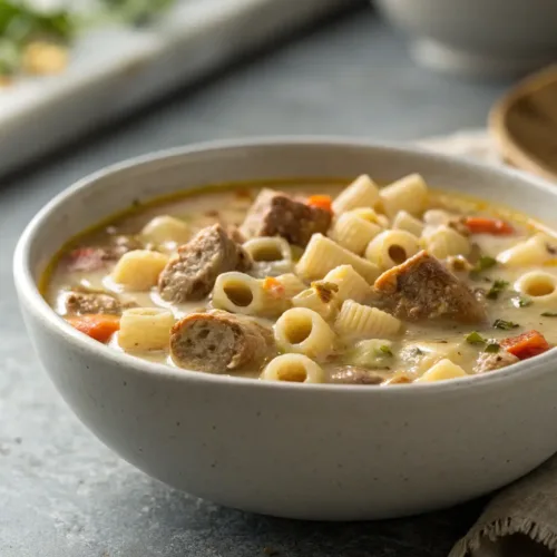 Creamy sausage ditalini soup with Parmesan and Italian spices in bowl