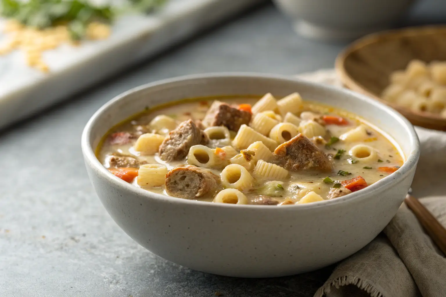 Creamy sausage ditalini soup with Parmesan and Italian spices in bowl