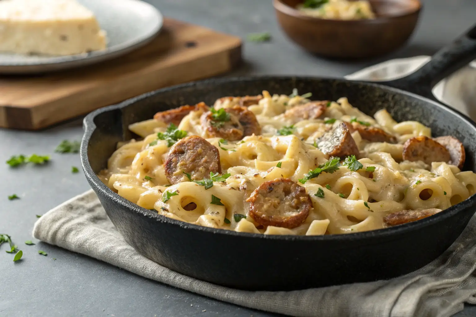 creamy sausage pasta skillet with melted cheese and sausage chunks