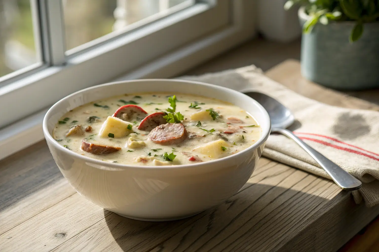 Creamy sausage potato soup garnished with cheddar and parsley in bowl