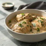 Creamy slow cooker chicken thighs in rich sauce on neutral background