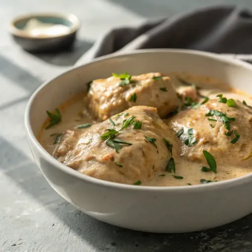 Creamy slow cooker chicken thighs in rich sauce on neutral background