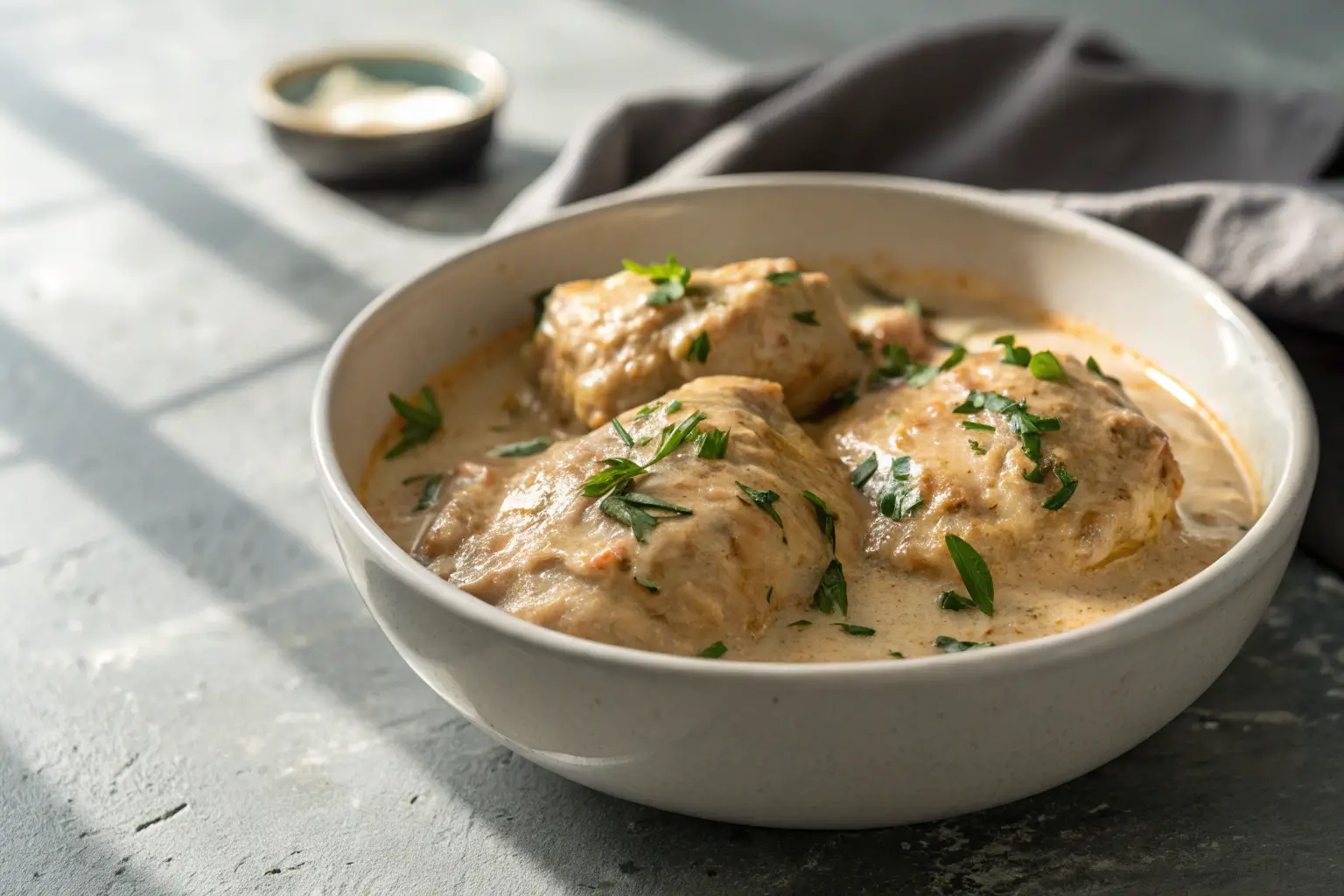 Creamy slow cooker chicken thighs in rich sauce on neutral background