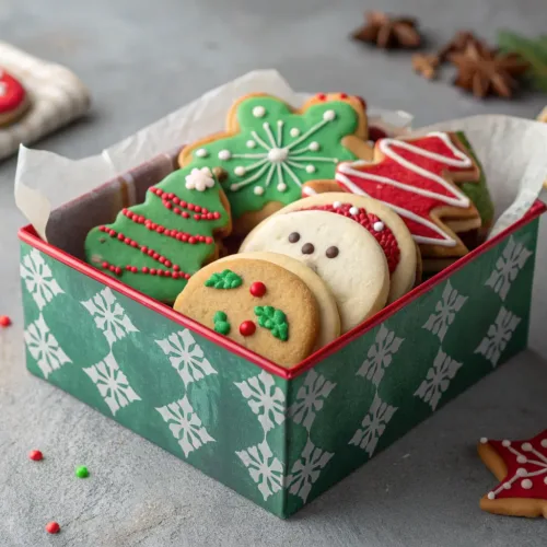 assorted Christmas cookies neatly layered in a festive gift box