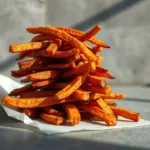 Crispy golden air fryer sweet potato fries on gray background