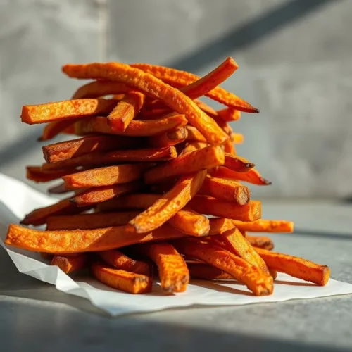 Crispy golden air fryer sweet potato fries on gray background