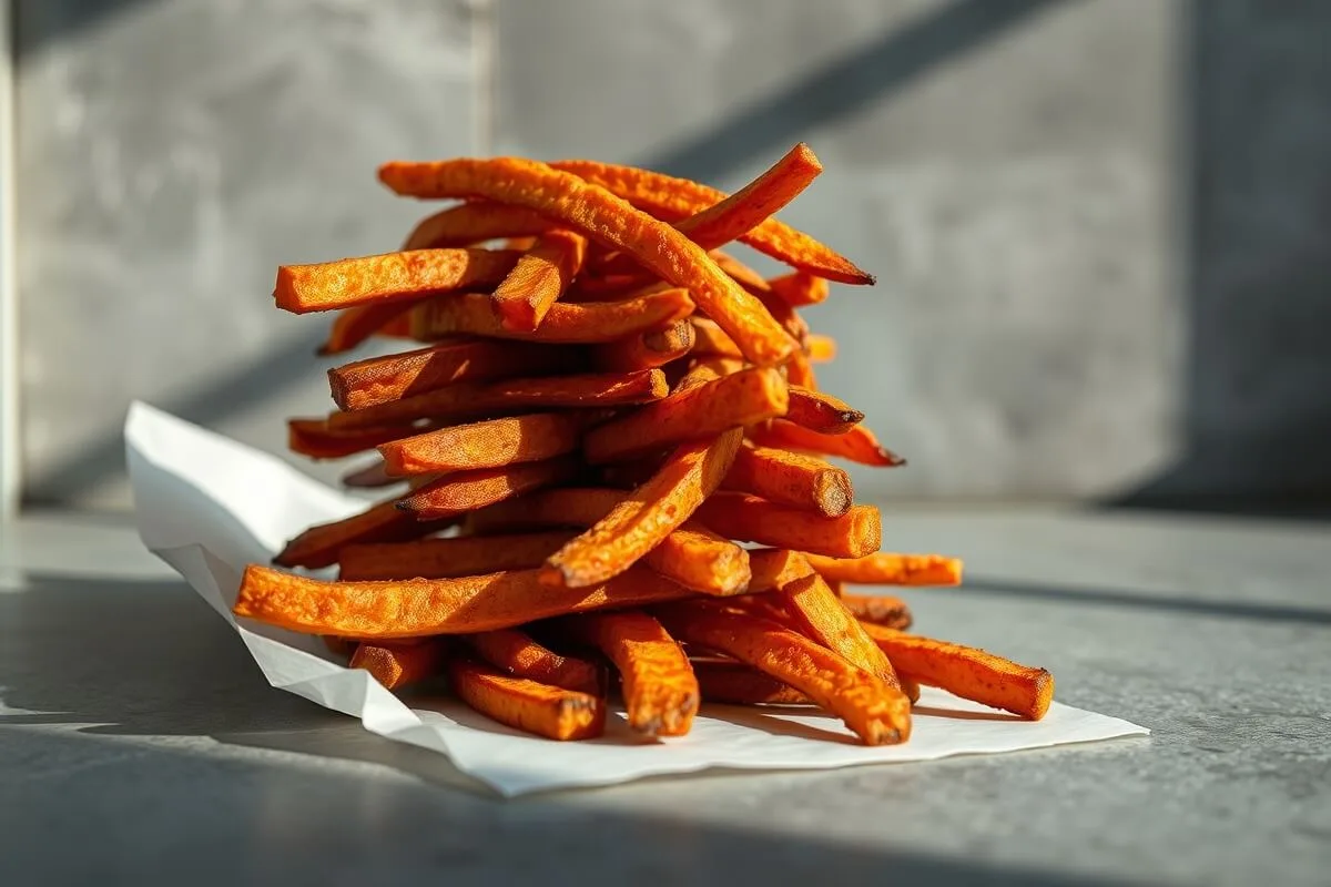 Crispy golden air fryer sweet potato fries on gray background