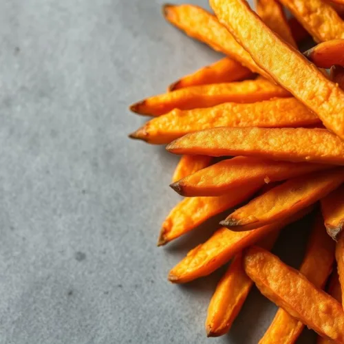 Crispy air fryer sweet potato fries piled on gray surface