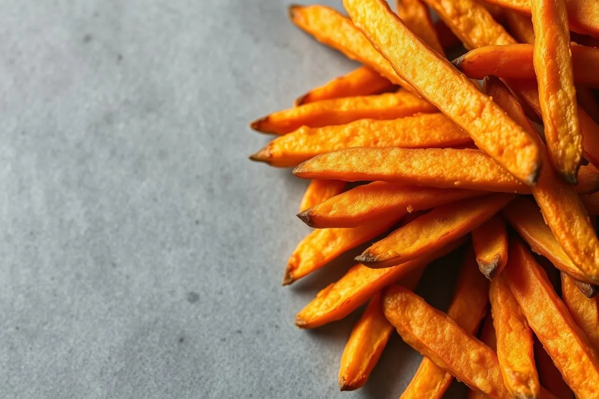 Crispy air fryer sweet potato fries piled on gray surface