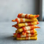crispy bacon-wrapped pickle fries on gray surface