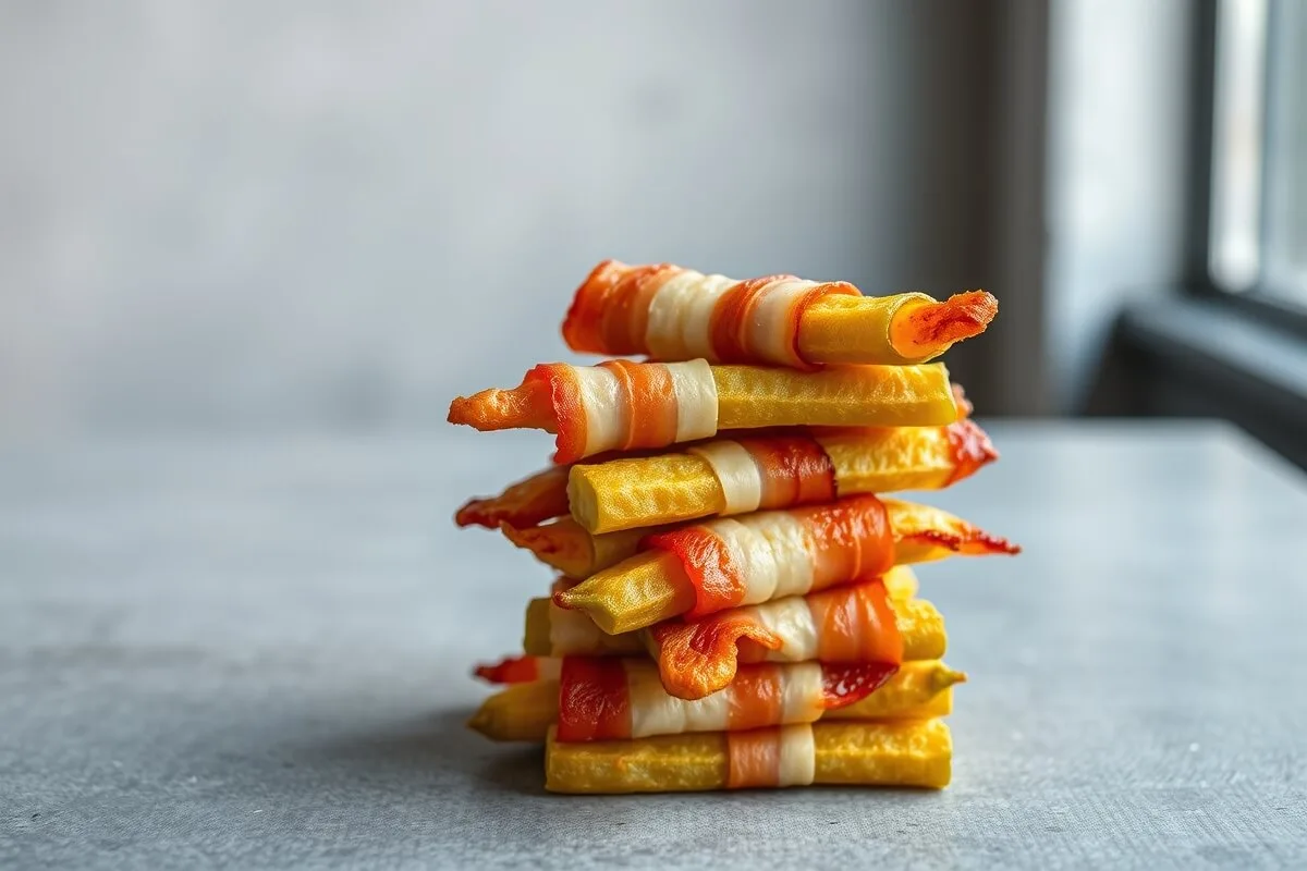 crispy bacon-wrapped pickle fries on gray surface