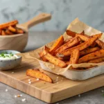 crispy baked sweet potato fries on a neutral wood surface