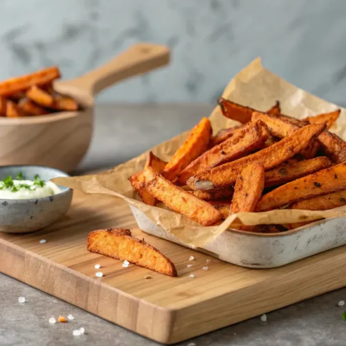 crispy baked sweet potato fries on a neutral wood surface