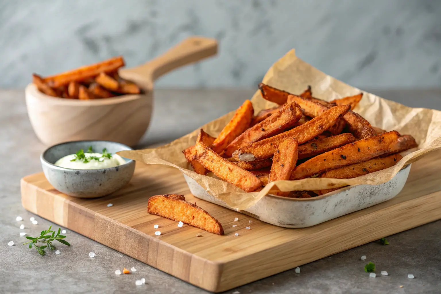 crispy baked sweet potato fries on a neutral wood surface