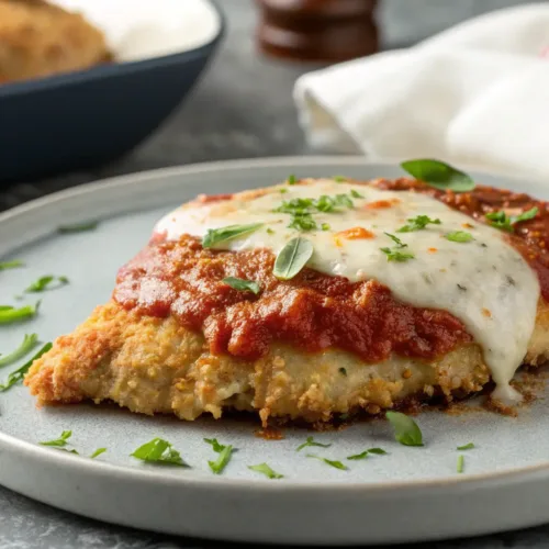 Crispy oven-baked chicken Parmesan with melted cheese and marinara sauce