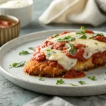 crispy oven-baked chicken parmesan with melted cheese and marinara sauce