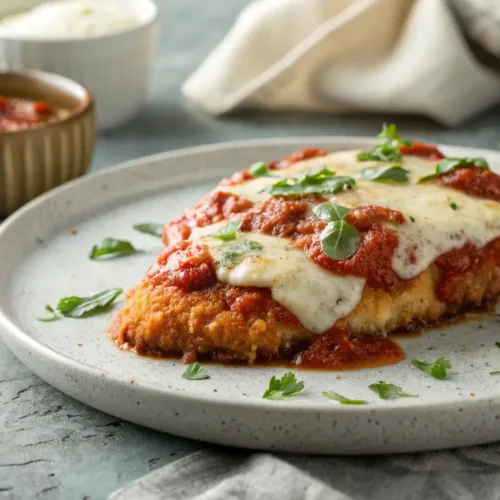 crispy oven-baked chicken parmesan with melted cheese and marinara sauce
