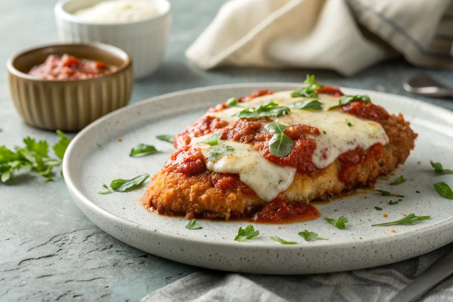 crispy oven-baked chicken parmesan with melted cheese and marinara sauce