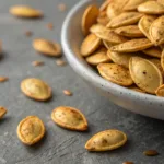 roasted pumpkin seeds seasoned and golden brown on gray background