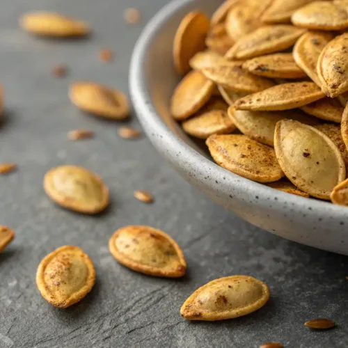 roasted pumpkin seeds seasoned and golden brown on gray background