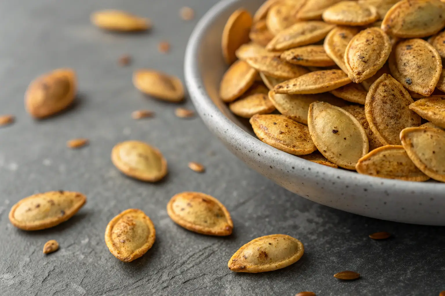roasted pumpkin seeds seasoned and golden brown on gray background