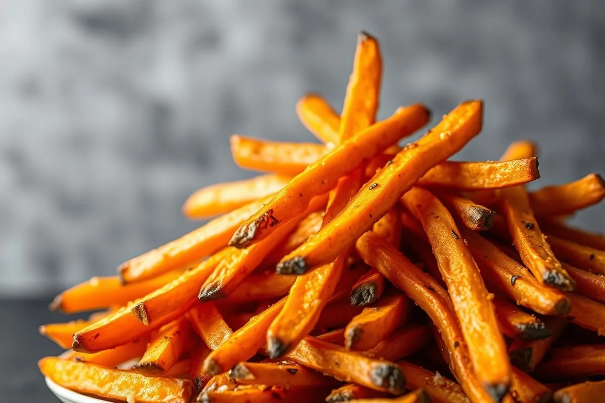 Crispy oven-baked sweet potato fries with seasoning on gray background
