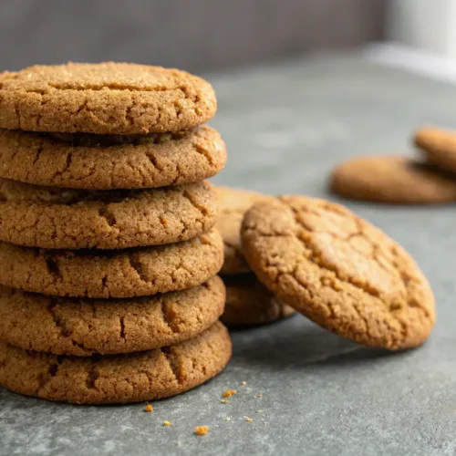 Stack of crispy vegan ginger snap cookies on gray tabletop