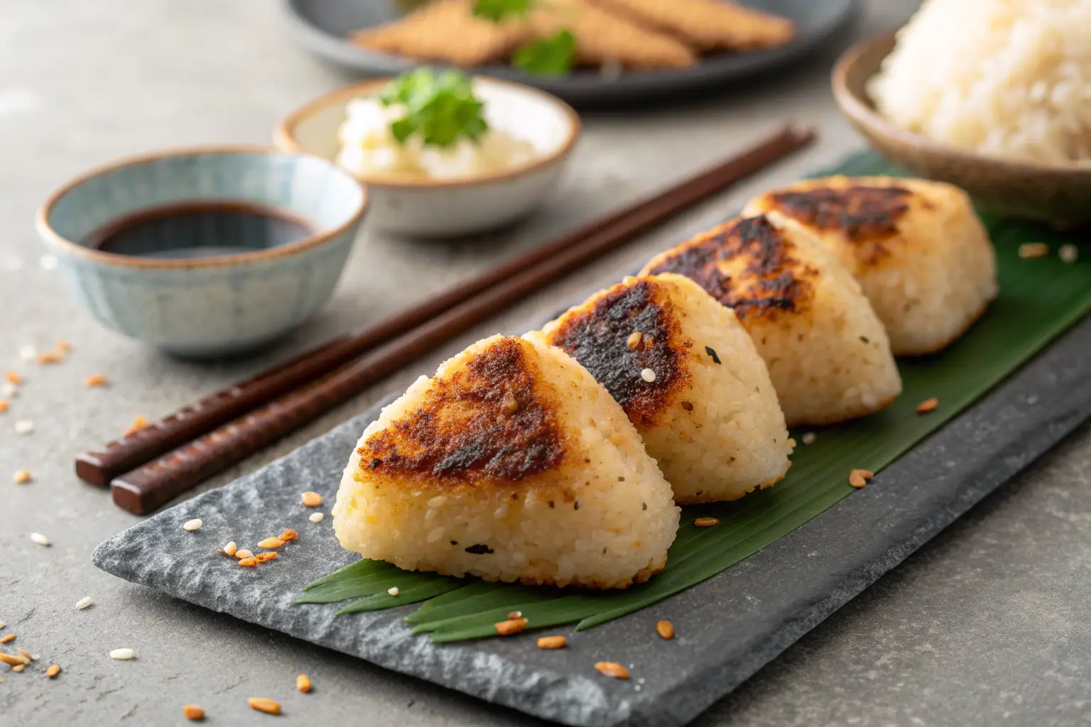 Crispy grilled Yaki Onigiri rice balls with golden brown crust