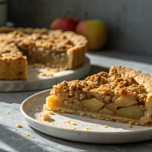 Dutch apple pie with golden oat crumble topping close-up
