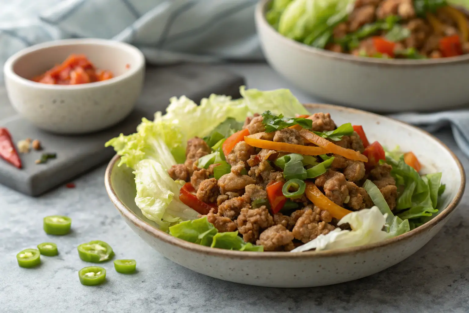 Ground turkey and vegetable skillet over shredded lettuce