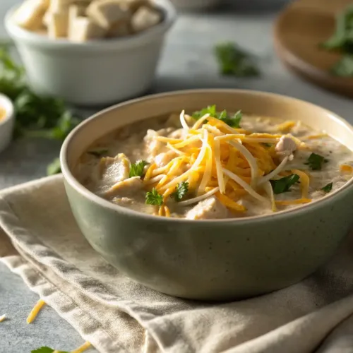 creamy white chicken chili with melted cheese topping in a bowl