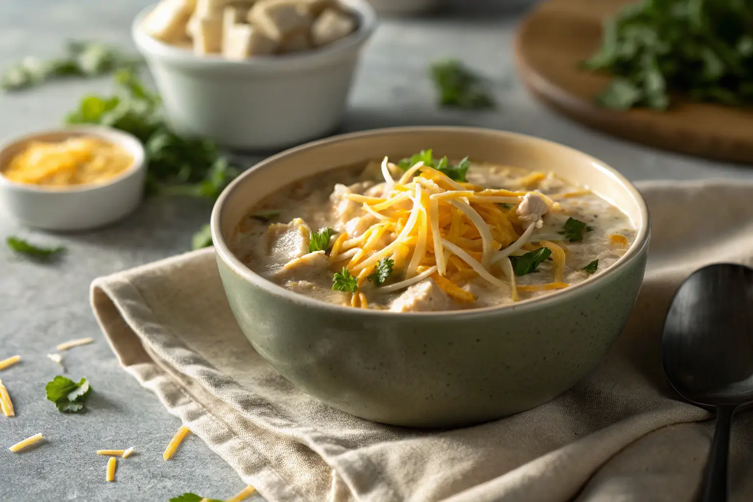 creamy white chicken chili with melted cheese topping in a bowl