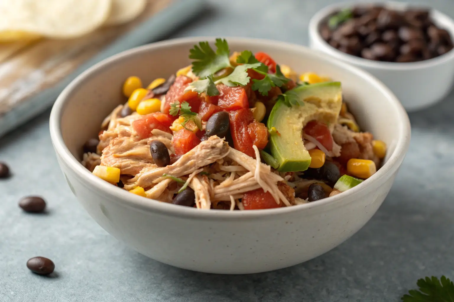 Shredded chicken crockpot dinner with black beans and corn in a bowl
